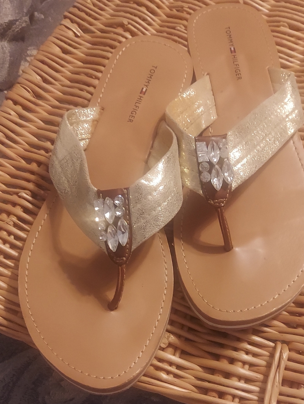 Tommy Hilfiger Metallic Gold Jeweled Thong Sandals